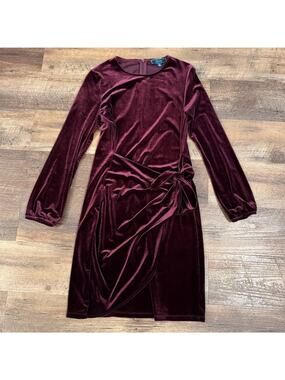 Burgundy Velvet Faux Wrap Ruched Tie Stretch Dress S Holiday Valentine C. Wonder